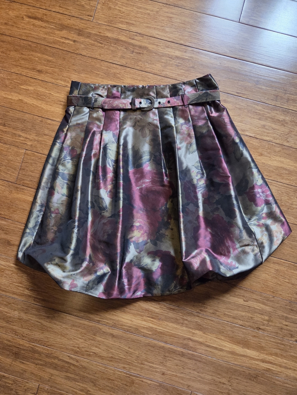 Tristan Floral Satin Bubble Skirt Size 8 Belted Mini Balloon Skirt Romantic Dark